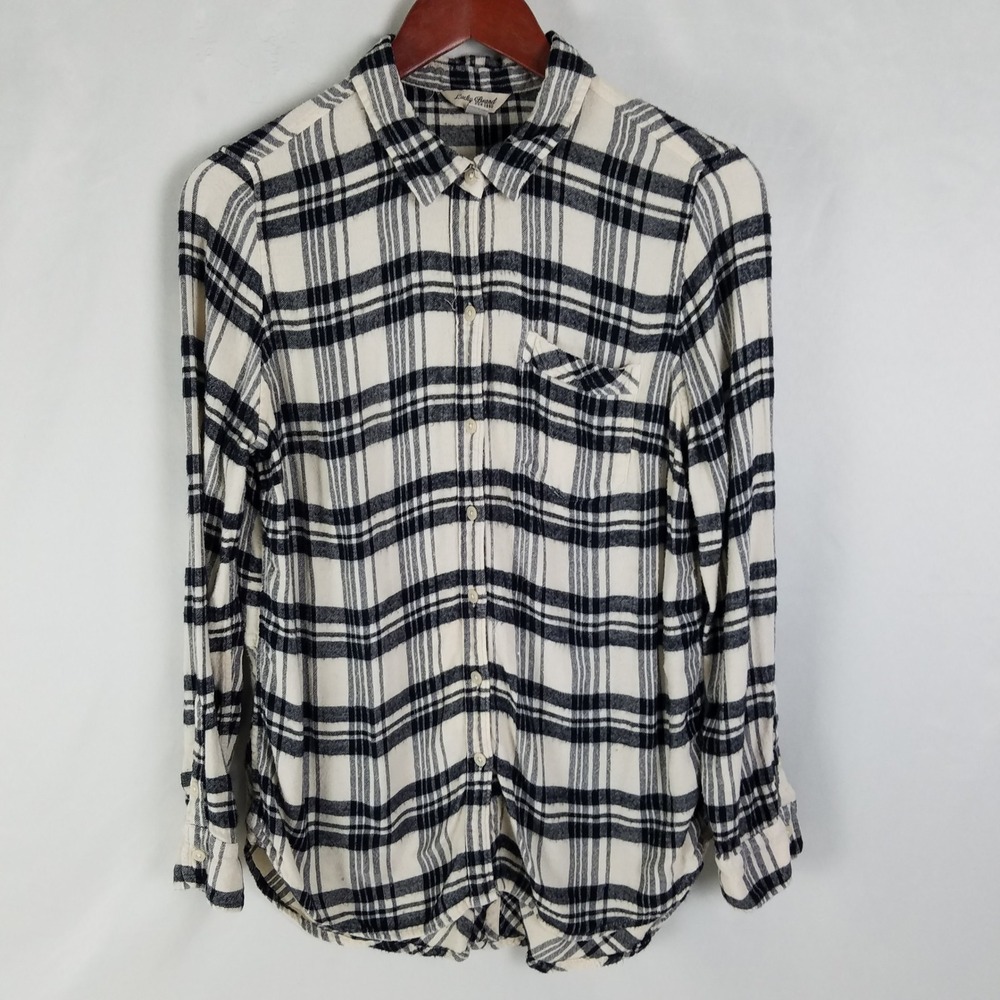 Lucky Brand Shirt‎ Womens Large Top Cream Black Plaid Button Down Pocket